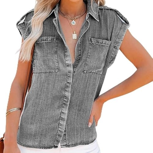 Damblus, dam denimblus sommar vintage tvätt blekt v-ringad skjortor toppar ledig lös knäppning ärmlösa blusar tunika toppar oroliga chambray jeans västerländska skjortor