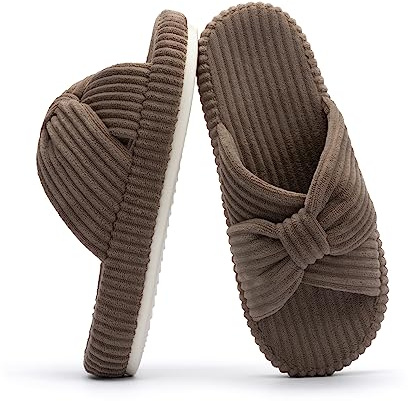 Chantomoo Slippers for Women Memory Foam House Bedroom Corduroy Bow Crossbands Slipper Shoes Comfy Trendy Gift Slippers BrownSize7 8 6.5