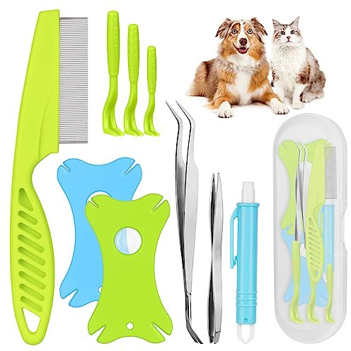 vsshe Zeckenentferner Set Für Hunde Katze, 6er Set Zeckenheber Werkzeugset Zeckenkarte mit Vergrößerungsglas mit 3 x Zeckenentferner 1x Zeckenpinzette mit Feder 1x Edelstahlpinzette 1 x Lupe und Kamm