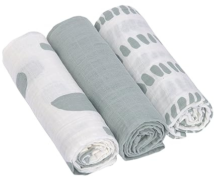 LÄSSIG Coperta Puck per neonati Panno di garza Set di 3 pezzi in cotone 85 x 85 cm/Swaddle & Burp Blanket L Strokes silver grey
