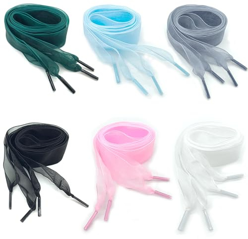 DHER 6 Pares de Cordones Casuales de Cinta y Moda, de Organza Suave, 120 cm de Largo, 2.5 cm de Ancho para Zapatos Blancos