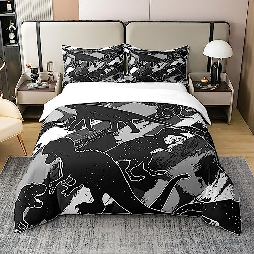 Loussiesd Schwarz Grau Graffiti Dinosaurier 100% Baumwolle Bettwäsche Set 200x200cm Dino Betten Set für Kinder Dschungel Dino Bettbezug Set Atmungsaktive Straßenkultur Dinosaurier Bettwäsche