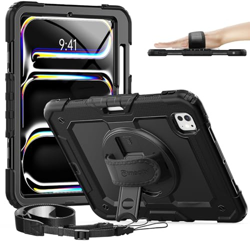 Timecity Tablet Case for iPad Pro 11 Inch M5/ M4 with Built-in Screen Protector, 360° Rotating Kickstand, Adjustable Shoulder Strap, Pencil Holder Cover for iPad Pro 11 2025/2024, Black