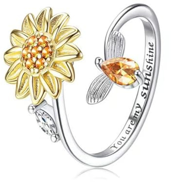 UENXRXE Anillos mujer,anillo antiestres mujer, Girasol Anillos Ajustable, Fidget Anillo Ansiedad, Anillo Apilables, Giratorio Joyería Regalos para Mujeres Niñas