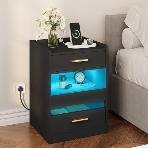 YITAHOME 2-Drawer Bedside Table, Floating Bedside Cabinet with 7-Color LED Light Strip, Modern Accent Side Cabinet Nightstand with Transparent Tempered Glass for Bedroom Living Room, Black