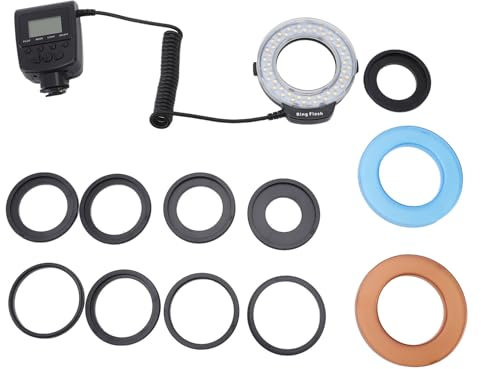 Luz de Flash LED Macro de 48 con Pantalla LCD, 4 Modos de Iluminación, Ajustes de Brillo de 7 Niveles, Luz de Flash con Anillos Adaptadores y Difusores de Flash para Cámaras DSLR