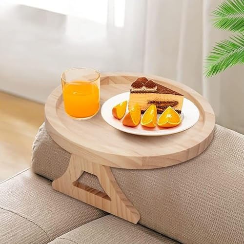 Round Sofa Arm Tray Table, Portable and Foldable Bamboo Sofa Armrest Clip-On Tray, Waterproof Couch Arm Clip Table for Drinks Snacks Remote Control Phone