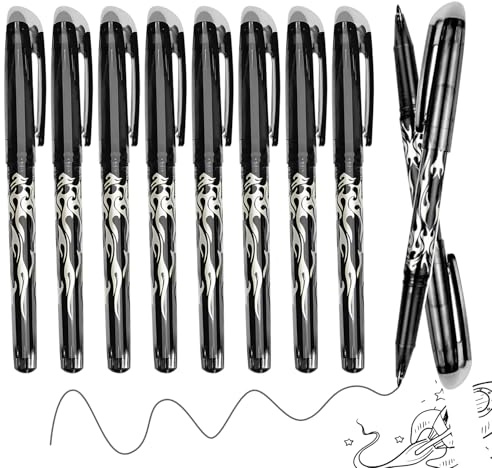 Erasable pens black, 10pcs Erasable Pens Black Friction Pen with Eraser, 0.7mm Rub Out Pens, Eraser Gel Pens with Rubber on the End for Kids Adults School Work Paperwork Stationary