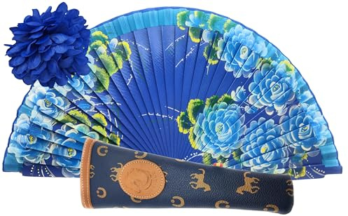 Planta Color Abanico de Madera con Flores Pintadas a Mano. Incluye una Funda para Proteger el Abanico. Pinza de Pelo con Diseño de Flor para Complementar tu estilo (Azul Oscuro)