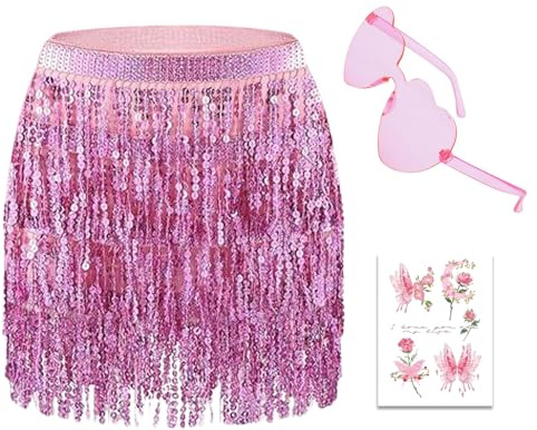 JSTHHTT Sequin Skirt With Tassel Fringe Hip Scarf Belt Waist Wrap, Belly Dance and Rave Costume Outfit for Women Girls, Sparkly Glitter Festival Street Club Wear