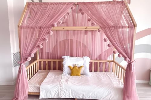 Baby Fancyroom Ciel de lit de Maison, décoration pour Chambre d'enfant, lit d'enfant, baldaquin, Guirlande de Pompons en Tulle de qualité supérieure (Vieux Rose, 300cm, sans Guirlande à Pompons)