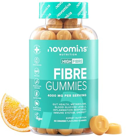 Fibra Gominolas - 4000 mg de Fibra - con Inulina de Polvo, Vitaminas D, B12, Cromo - 60 Gominolas - Suplemento con Inulina para la Salud Intestinal y Sistema Digestivo - Sin Gluten - Novomins