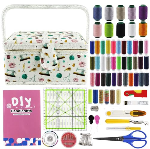SusggO 140 pezzi da cucito con accessori e guida basica punti. Cucito Legno foderato Tessuto Cucito Accessori Kit Cucito per Adulti Scatola Cucitura Regole di Cucito Modello Patchwork (BIANCO)