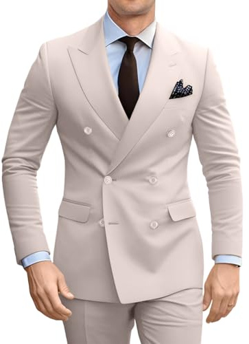 Fesenbo Double Breasted Suit Men Slim Fit 2 Pieces Suit Blazer Pants Formal 2 Button Tuxedo Jacket for Wedding Business Prom, Beige, M