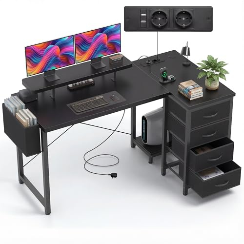 Claiks Schreibtisch L Form mit 4 Stoff Schubladen, 140x80 cm Eckschreibtisch mit USB-Ladeanschluss und Steckdose, L förmiger Schreibtisch mit Monitorablage für Büro, Schwarz