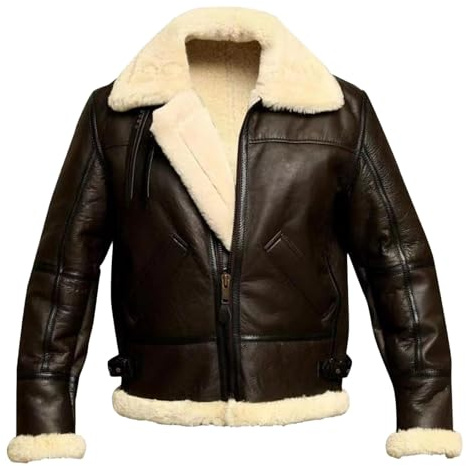 Giacca in pelle da uomo, stile bomber in montone B3, cappotto invernale classico, caldo, stile vintage, con collo pelliccia sintetica, chiusura con cerniera