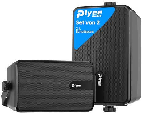 Plyee Audio Altavoz Bluetooth para Exterior, Altavoz de Pared Activo + Pasivo, Diseño Compacto, Compatible con Entrada Auxiliar, Adecuado para Patio, Porche, Garaje, Pack de 2 (MZ-650)