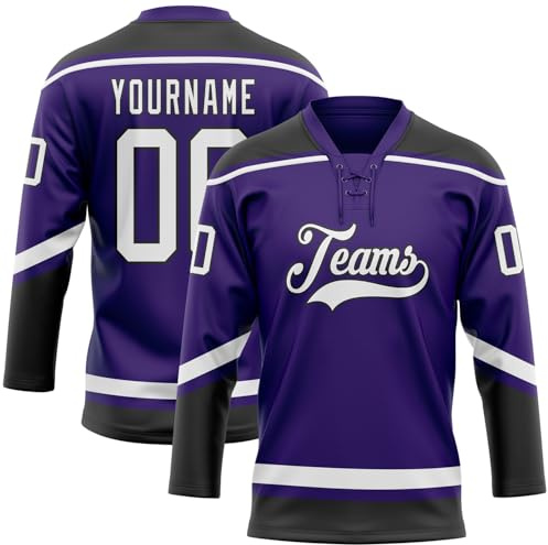 Custom Classic Hockey Jerseys Team Uniforms for Men Women Youth Boys Girls Kids, Personalized Purple Black White Ice Hockey Tops, Design Long Sleeve Lace-up Neck Sports Training Shirts Sweaters, S-5XL