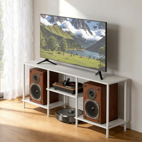 UOMIO Meuble TV industriel 114 x 30 x 49 cm avec grand espace de rangement - Meuble TV avec 3 étagères ouvertes - Pour téléviseur jusqu'à 50 - Structure en acier - Pour salon - Blanc