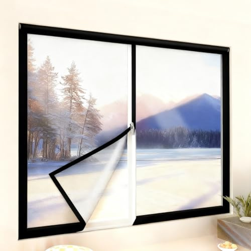 Kit de Aislamiento Térmico para Ventanas de Invierno, lámina Aislante con Cremallera, Reutilizable, Transparente, Gruesa, para áticos, Protege del frío y Protege del frío(Negro)