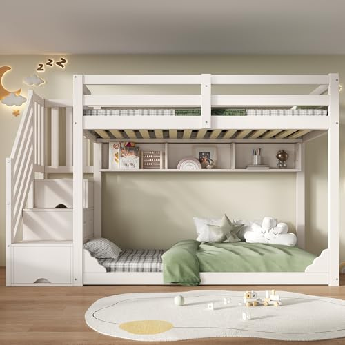 Yihomfy Lit Superposé Enfant 90 x 200 cm, Lit Mezzanine 2 Places, Lit Cabane Enfants Multifonction avec Escaliers et Casiers,Rampe Stable,sans Matelas,Protection Anti-Chute, Blanc