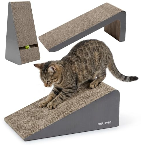 Peluvio Trilo Rascador de Carton Corrugado 50x24x23 cm, Modular 3 Elementos, Forma de Cuña, para Rascar y Descansar, Tunel con Pelota, Plegable, Ahorra Espacio