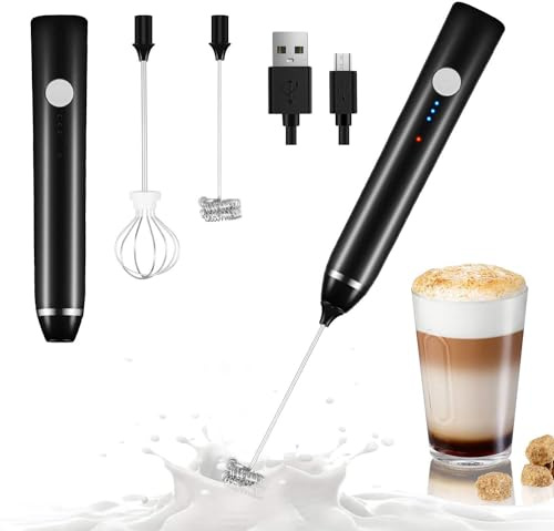 Milk Frother Handheld,Dallfoll USB Rechargeable Electric Foam Wand Maker for Coffee, 3 Speeds Mini Milk Foamer Drink Mixer with 2 Whisks for Bulletproof Coffee Frappe Latte Cappuccino Hot Chocolate