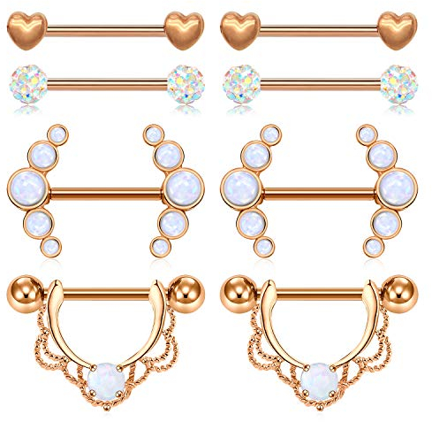 JFORYOU 14G Brustwarzenpiercing Chirurgenstahl Opal Stein Herz Barbell Damen Brustwarze Piercing Schmuck 8 Stück Rosegold Farbe