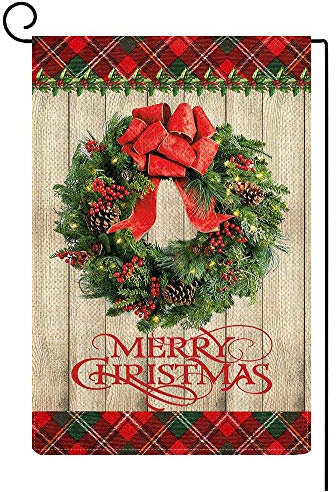 Baccessor Drapeau de jardin Merry Christmas - Couronne de conifères - Petit drapeau de jardin - Buffalo - En bois de jute vertical double face - Vintage - Ferme - Maison d'hiver - Maison - Pelouse -