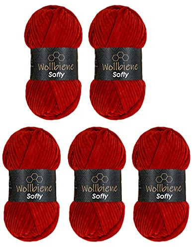 Wollbiene Softy 5 ovillos de 100 gramos de lana de chenilla para tejer, lana de bebé, 500 gramos, chenilla súper voluminosa, crochet yarn (rojo oscuro 89)