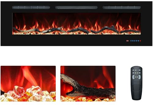 127cm Electric Fireplace Inserts, Recessed and Wall Mounted Fireplace Heater, Linear Fireplace/Thermostat, Remote & Touch Screen, Multicolor Flame, Timer, Log & Crystal, 750W/1500W