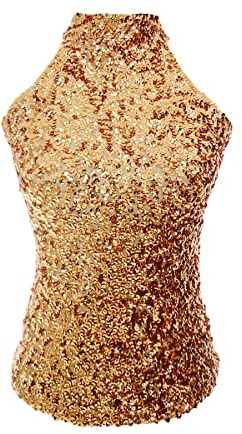 Women sparkly sequin high halter neck sleeve vest top girls latin dance party size clothing (UK Women 4/6/8/10)