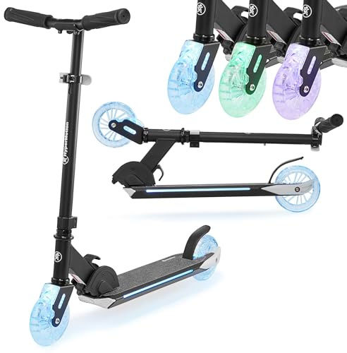HyperMotion Ice Flash Kinderscooter mit LED-Beleuchtung – Faltbarer Roller für Kinder ab 5 Jahren – Höhenverstellbar, Leicht & Sicher – Kinder Scooter mit 125mm PU-Rädern und Flex-Bremse, Schwarz/Blau