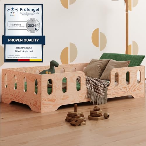 smartwood Bodenbett 90x200 Montessori Kinderbett aus Holz mit FSC-Zertifikat TILA 2 mit Rausfallschutz & Lattenrost bis 230kg belastbar - Einfache Montage