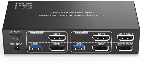 TJCXELE 8K60Hz Displayport KVM Switch 2 Monitores Conmutador KVM Dual Monitor 4K120Hz DP 1.4 Para 2- Ordenadores que comparten 4 Periféricos USB 3.0 y 2 Monitores Admite Modo Copy & Extend