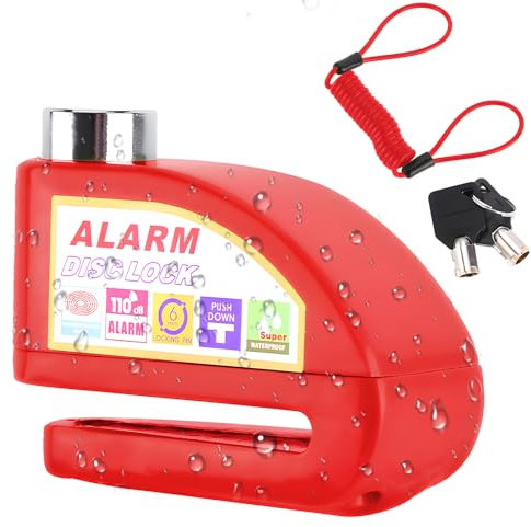 High Security Motorbike Alarm Disc Brake Lock, 110dB Motorcycle Disc Lock with 1.5M Reminder Cable, Anti-Theft Motorbike Locks for Bike, Moped, Vespa, Motocross (Red)