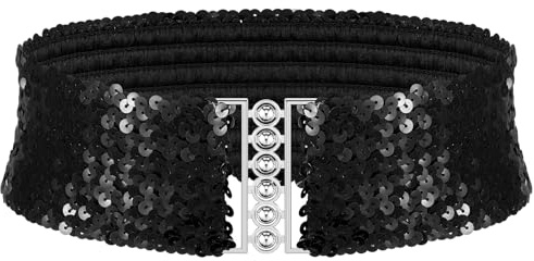 Geyoga Cinturón de Lentejuelas Ancho Grueso Elástico con Hebillas de Metal(Negro)