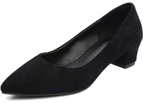 Lizoleor Decollete Donna Tacco Largo Punta Senza Chiusura Scarpe Business Comodo Moda Camoscio Solid Nero Numero 34 EU