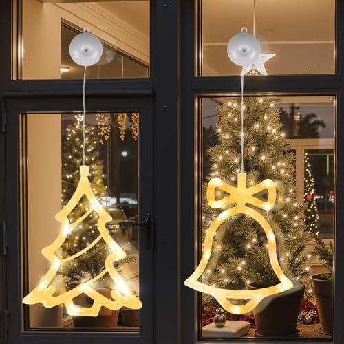 LEDYA LED Weihnachtsbaum Weihnachtsbeleuchtung, 2 Stück, 10 LED Lichtervorhang, Warmweiße Lichterkette, Batteriebetrieben mit Saugnapf & Timer, Fenster Lichterkette für Weihnachtsdeko, Party, Hochzeit