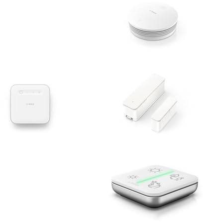 Set iniziale sistema di allarme Bosch Smart Home, 1x controller II, 1x rilevatore di fumo II, 1x contatto porta/finestra II Plus, 1x interruttore universale II