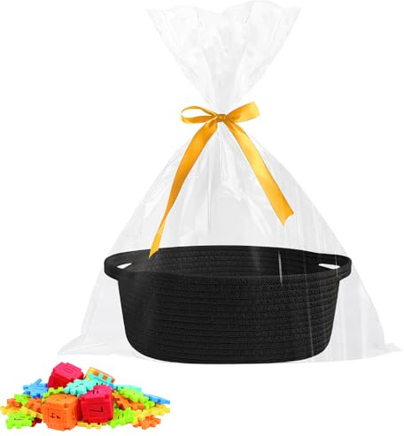 SKIKHN Cestino Regalo Vuoto,Cesto Regalo Corda di Cotone Cesti,Grandi Cestini Vuoti con Sacchetti Regalos Trasparente Nastro Regalos per Baby Shower,Compleanno,Matrimonio,Ringraziamento,Natale,Nero