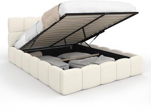 IDMarket - Lit Coffre Double Nuage 140 x 190 cm Tissu Bouclette Blanc