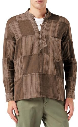 SHOPOHOLIC FASHION Stone Washed Plain Stripe Patch Hippie-Hemden für Herren, langärmliges Grandad-Hemd aus Baumwolle, Braun, 3XL