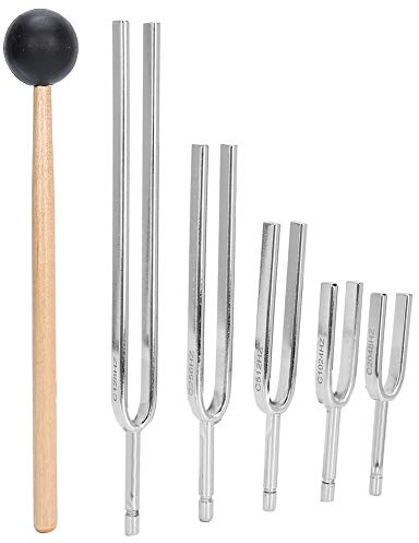 Brrnoo Tuning Fork Set, 5PCS 128HZ+256HZ+512HZ+1024HZ+2048HZ Medical Tuning Fork Hearing Test Aluminum Alloy Tuning Energy Fork With Hammer Tap