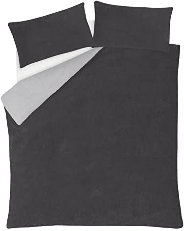 Sleepdown Reversible Teddy Fleece Thermal Warm Cosy Super Soft Duvet Cover Quilt Bedding Set with Pillow Cases - King (220cm x 230cm) - Grey/Charcoal, 5056242826569