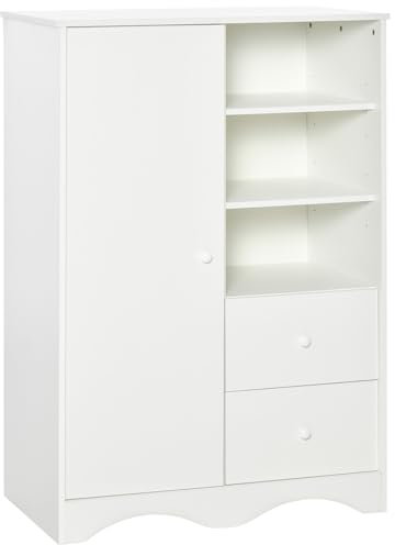 HOMCOM Armoire avec Porte et 5 étagères, 3 niches, 2 tiroirs, Meuble de Rangement Blanc pour Chambre, Salon, Bureau