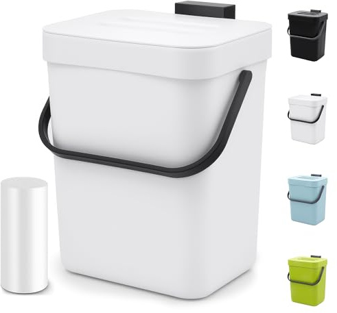 MONGTINGLU Indoor Compost Bin - 1.3 Gallons Hanging Small Trash Can with Lid for Kitchen Bathroom, Under Sink Kitchen Trash Can, Indoor Counter Compost Bucket with Lid, 5L(White)