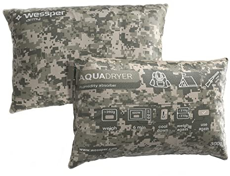 Wessper Coussin déshumidificateur - Accessoire de camping - Sac à dos - Sac déshumidificateur réutilisable - En silice - Granulés - 300 g - 1 pièce - Couleur camouflage