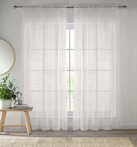 Förbättrade levande grädde voile gardiner för vardagsrumspanelpar – 57 breda x 72 fall – vanligt vävt spår topp genomskinliga gardiner (145 x 183 cm
