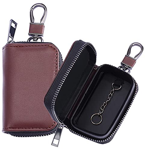 AtfArt 2 Pack Faraday Cage Car Key Case Fob Protector Anti-Theft Pouch Signal Suppression Bag Brown Leather Anti-Hacking Signal Lsolating Bag Faraday Pouch for Car Keys(2pcs - Brown)